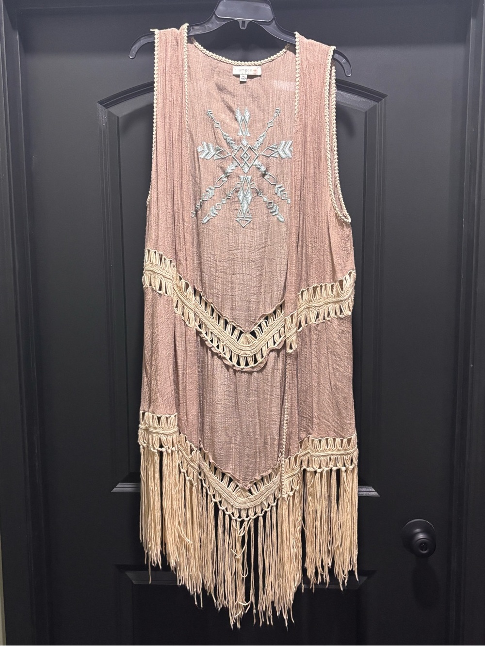 Boho Fringe Embroidered Vest 3/4 length- tan/ beige